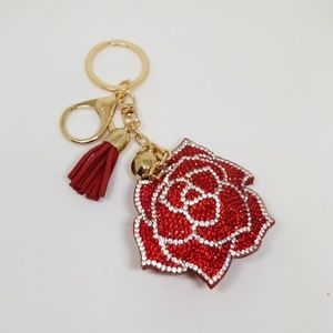Flower Red Rose 🌹 Rhinestone Keychain